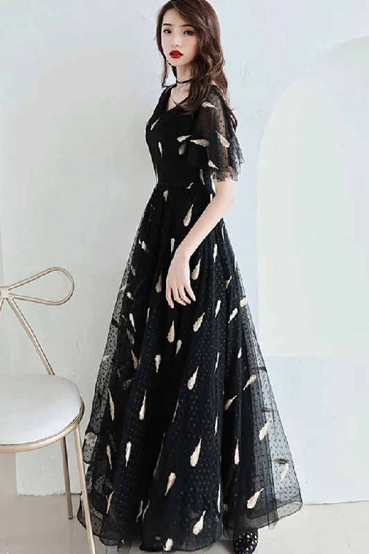  Flare Sleeve V-neck Embroidered Tulle Maxi Dress