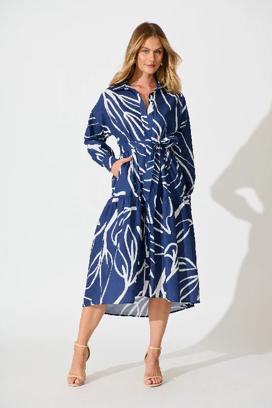 Midi dresses with fringe details for a fun and energetic style Lexus Midi Shirt Dress in Navy Cotton