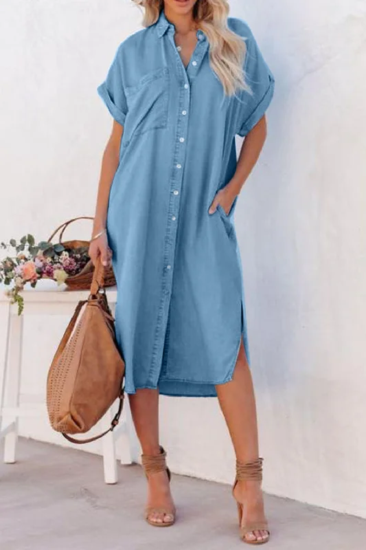  Slit Button Up Short Sleeve Imitation Denim Dress