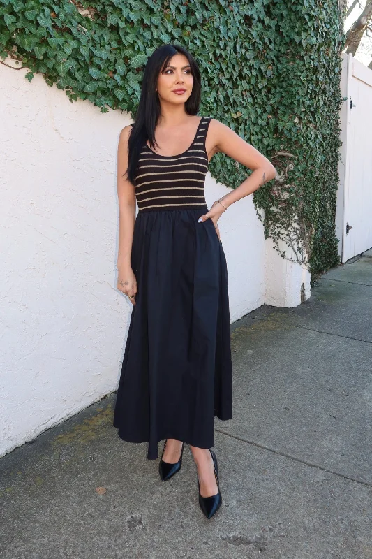 Spring - Season Casual Dresses in Fresh Colors​ Black Striped Bodice Tank Maxi Dress