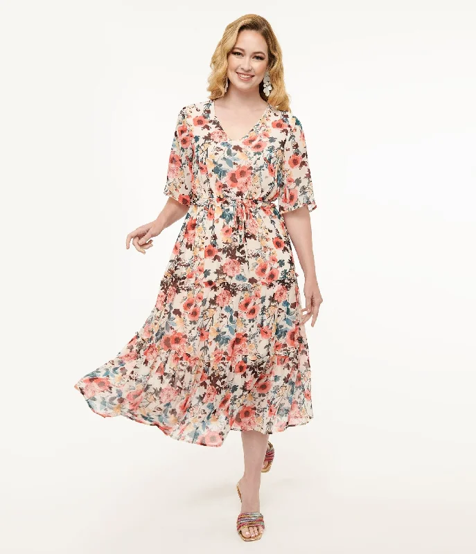 Everyday A - line Dress with Button - down Front​ Pink Tropical Flower Chiffon Midi Dress