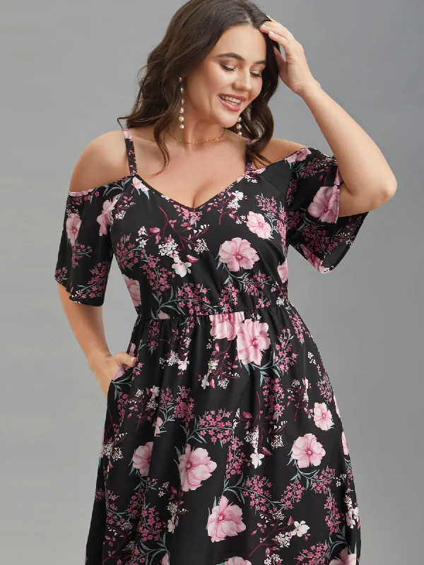 Everyday Dress with Thermal Insulation for Cold Weather​ Floral Print Cold-Shoulder Pockets Midi Dress