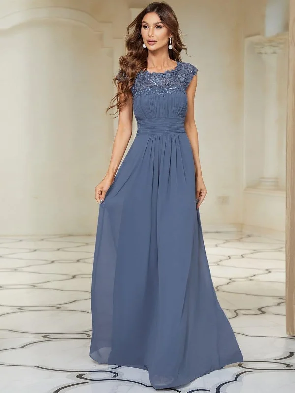 Wedding dresses with a corseted bodice for a cinched waist​ Satin wedding guest dresses with side slits for a sexy touch Elegant Maxi Long Lace Cap Sleeve Bridesmaid Dress