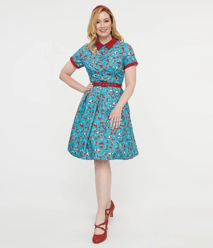  Collectif 1950s Blue & Red Cherry Pie Swing Dress