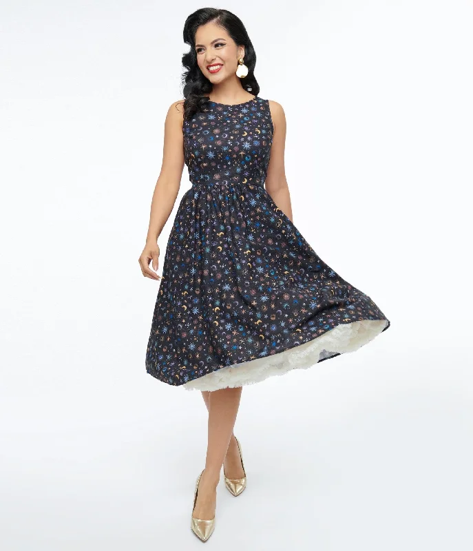 Everyday Dress with Personalized Embroidery for a One - of - a - Kind Look​ Retrolicious 1950s Black Celestial Stars & Moon Print Midi Dress