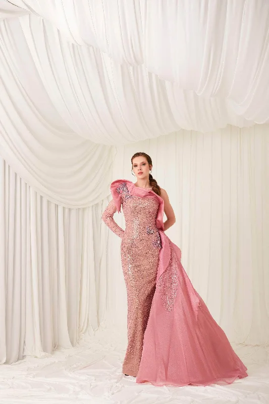Sleeveless wedding dresses with a beaded belt​ Wedding guest dresses with ruched bodices and spaghetti straps MNM Couture 2794 - Beaded Sequins One Shoulder Gown