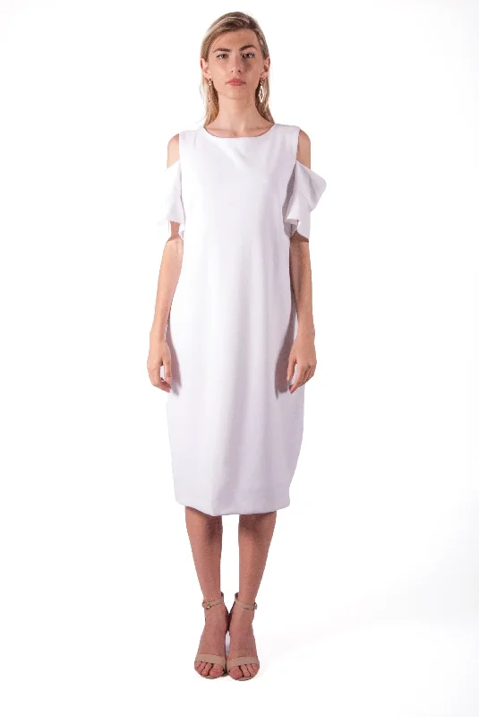 Everyday Dress with Belted Waist for Definition​ CALVIN KLEIN-SOLID SHEATH DRESS WITH FLAP SLEEVES
