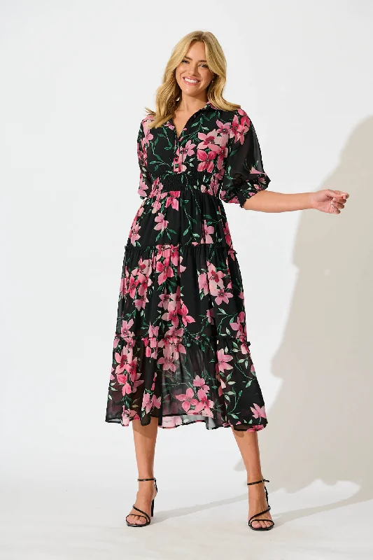 Midi dresses with pleated bodices for a classic and tailored look Brittney Midi Dress In Black And Pink Floral Chiffon