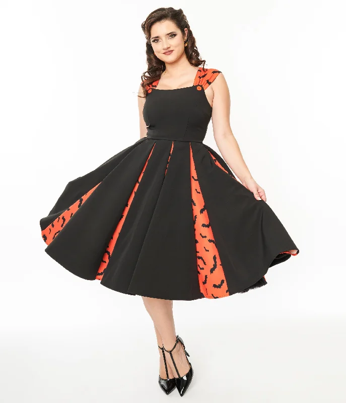  Unique Vintage 1950s Orange & Black Bat Stripe Swing Dress