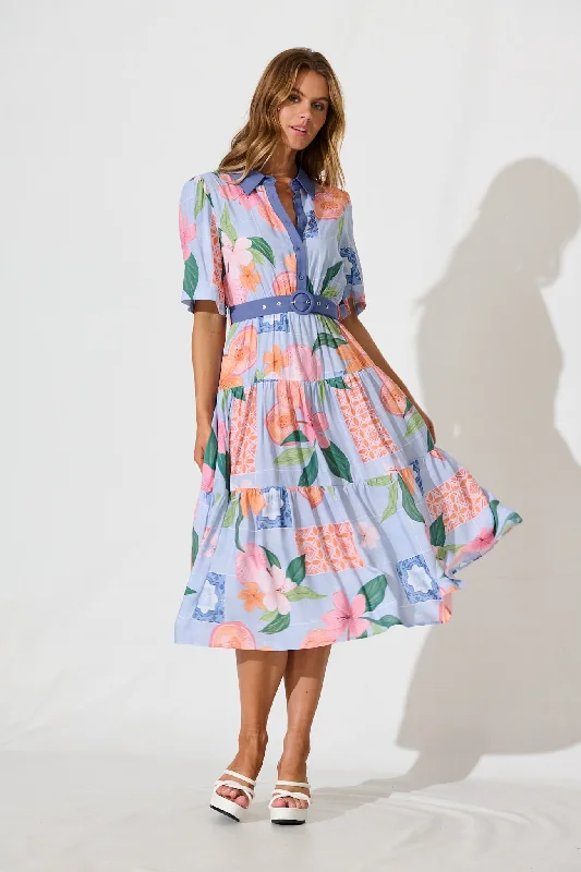  Apollonia Midi Dress in Blue with Multi Floral Print