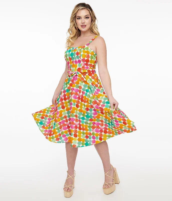  1950s Rainbow Watercolor Polka Dot Lori Swing Dress