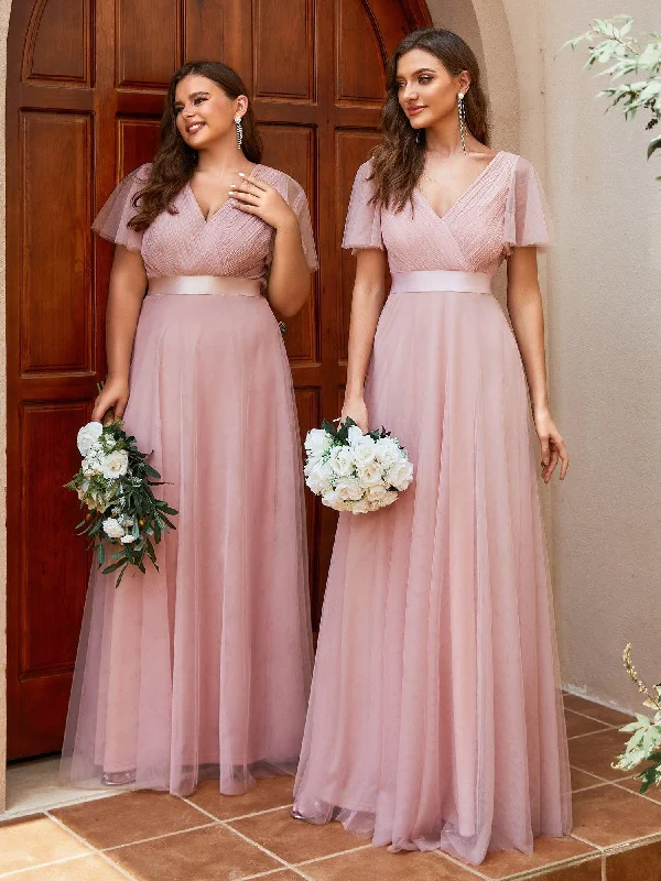 Trumpet - style wedding dresses with a train​ Long - sleeved wedding guest dresses in velvet for a winter wedding ever MISTE|Double V-Neck Floor-Length Short Sleeve Tulle Bridesmaid Dresses