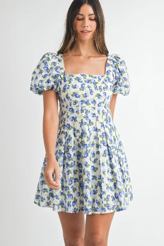 Belted Casual Dresses to Define the Waist​ Priscilla Short Puff Sleeve Flared Mini Dress Blue