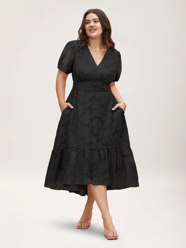 Everyday Dress with Flame - resistant Fabric for Safety - conscious Shoppers​ Solid Textured Lantern Sleeve Button Detail Dress