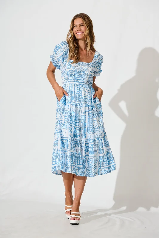 Everyday Velvet Dress with Ribbon Trim for Special Occasions​ Blythe Midi Dress in Blue with White Print