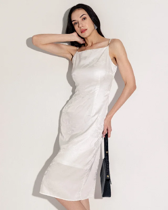 Midi dresses with printed lining for a hidden and stylish detail White Beaded Strap Slip Midi Dress