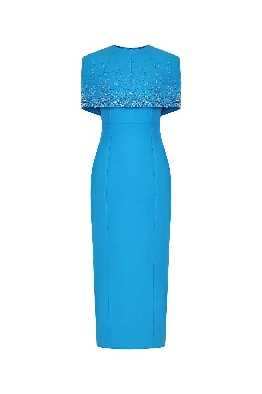 Midi dresses with fringe details for a fun and energetic style Salford Sheath Cape Shoulder Foam Midi Dress