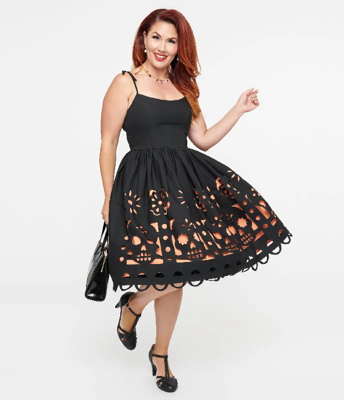 Everyday Wrap Dress with Adjustable Belt​ Unique Vintage 1950s Black & Orange Dia De Los Muertos Cutout Bobbie Swing Dress