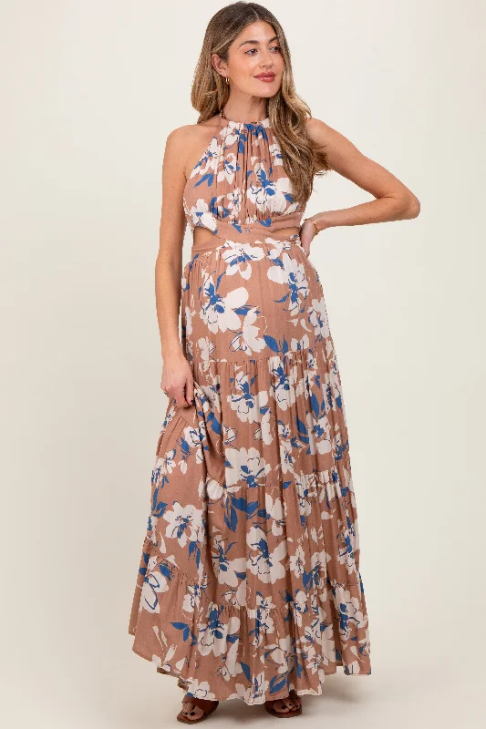 Maternity dress for a baby's naming ceremony Taupe Floral Halter Side Cutout Maternity Maxi Dress