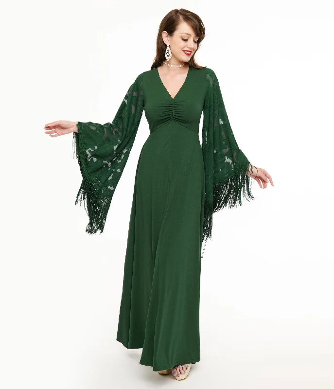  Smak Parlour 1970s Green Fringe Sleeve Maxi Dress