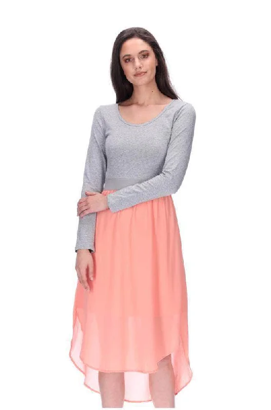 Midi dresses with asymmetric hems for a fashion - forward and dynamic appearance Siri Long Sleeve Midi Dress Grey/ Peach