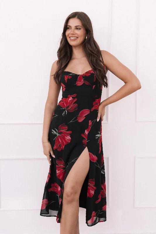 Midi dresses with keyhole backs for a flirty and unexpected detail Meg Dress - Black Floral