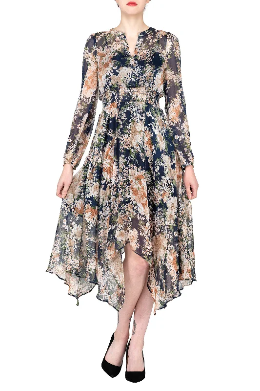  TWO PEARS-Long Sleeve Floral Elastic Waist Asymmetrical Dress With Bottom Dress