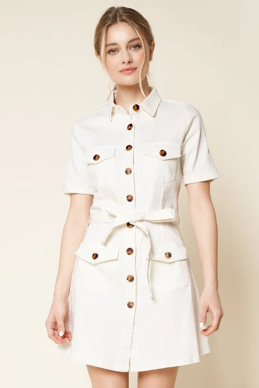 Mini dresses with cold - shoulder designs Close Call Utility Button Up Mini Dress