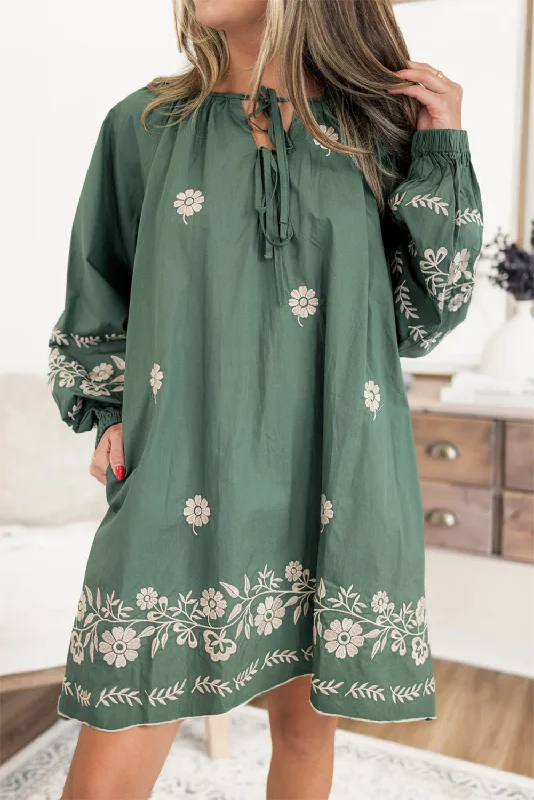 Mini dresses with halter necks for a stylish choice Mist Green Tie Neck Boho Floral Pattern Puff Sleeve Shift Dress