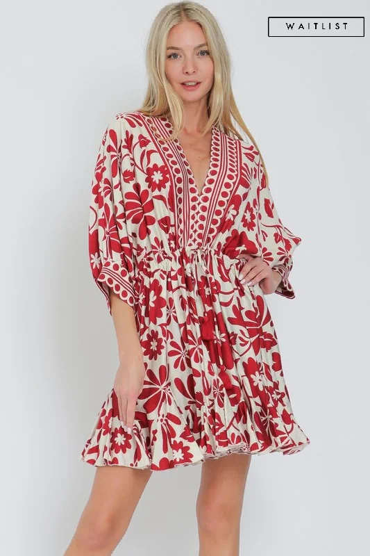 Layered Casual Dresses for a Stylish Ensemble​ Waitlist 5/15 ♥ Flora Dolman Sleeve Floral Print Waist Tie Mini Dress Red