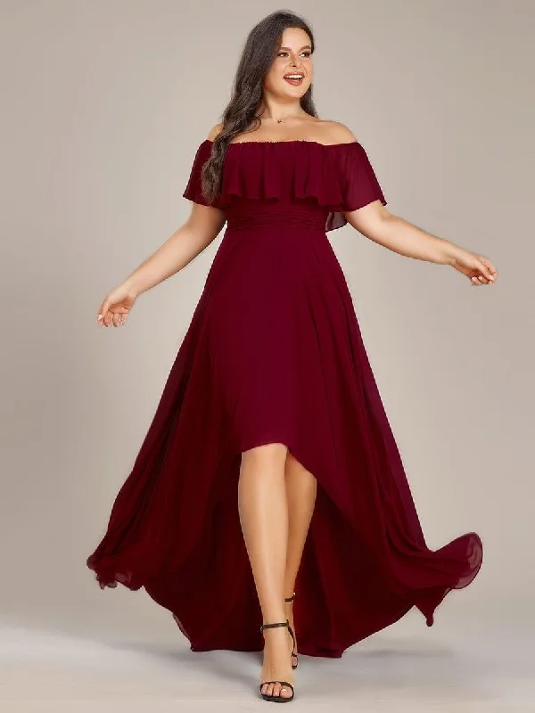 Chiffon and tulle combination wedding dresses​ Geometric - printed wedding guest dresses for a modern wedding Plus Size Flowy Chiffon High-Low Off The Shoulder Bridesmaid Dress