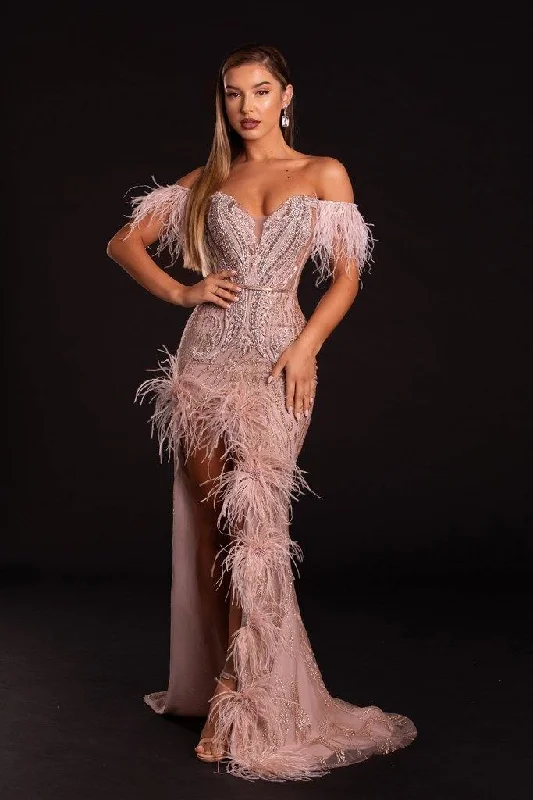 Wedding dresses with a mermaid - style skirt and a ball gown overlay​ Wedding guest dresses with puff sleeves and knee - length hems Portia And Scarlett 21127 Long Feathered Prom Dress
