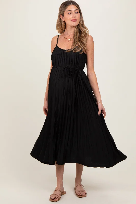 Maternity dress for baby shower with floral pattern Black Pleated Sash Tie Maternity Midi Dress