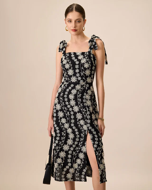 Midi dresses with ruffled bodices for a more pronounced feminine look Women's Black Cotton Embroidery Slit Midi Dress