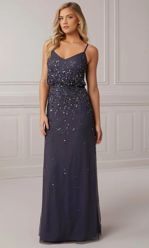High - low hem wedding dresses for a trendy twist​ Lace - trimmed wedding guest dresses in blush pink Adrianna Papell Platinum 40407 - Sleeveless V Neck Column Dress