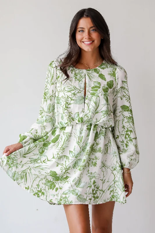 Mini dresses with geometric prints for a modern aesthetic FINAL SALE - Mesmerizing Essence Green Floral Mini Dress