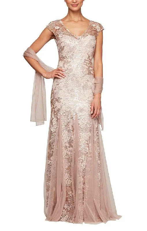 Princess - style wedding dresses with a full skirt​ Wedding guest dresses with cold - shoulder designs and solid colors Alex Evenings - 8117897 V-Neck Floral Embroidered Gown With Shawl