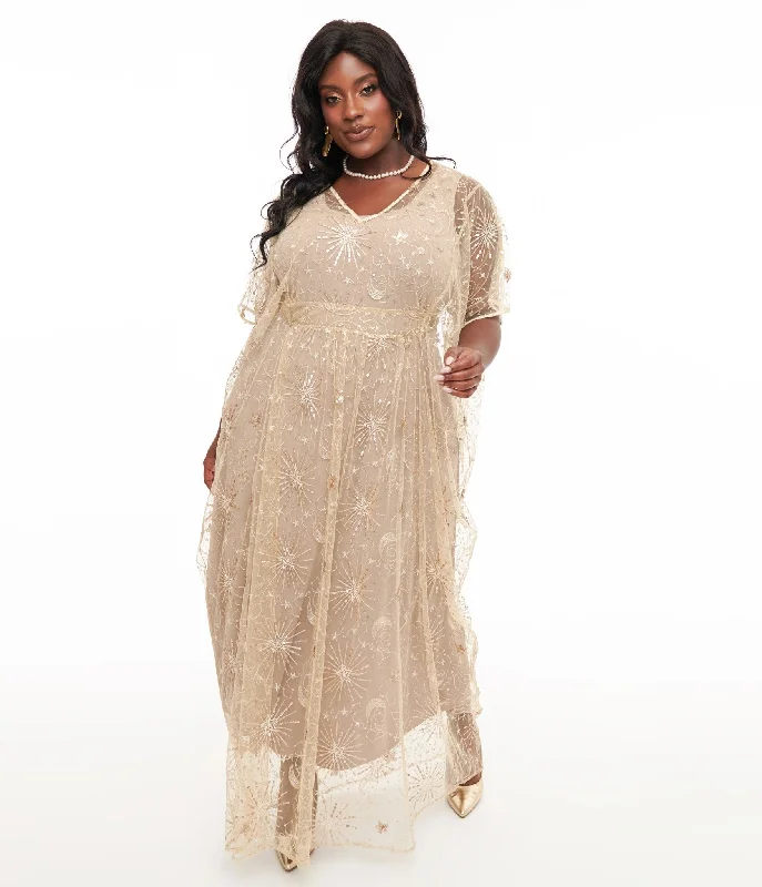 Everyday Dress with Personalized Embroidery for a One - of - a - Kind Look​ Unique Vintage 1960s Champagne Celestial Sequin Caftan
