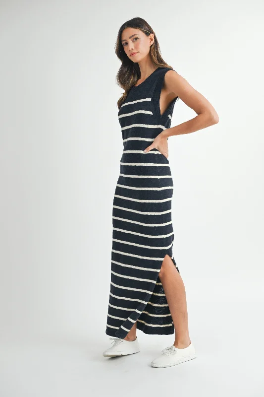 Striped Casual Dresses in Cotton Blend​ Posie Sleeveless Stripe Print Knit Midi Dress Navy