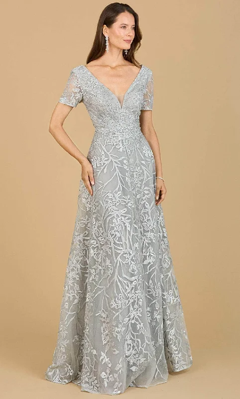 Embroidered wedding dresses with metallic threads​ Halter - neck wedding guest dresses with beaded straps Lara Dresses 29193 - Short Sleeve A-Line Evening Gown