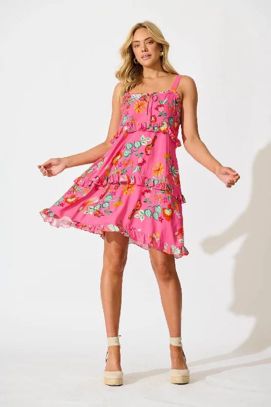 Everyday Velvet Dress with Ribbon Trim for Special Occasions​ Sansa Dress in Pink Tropical Print