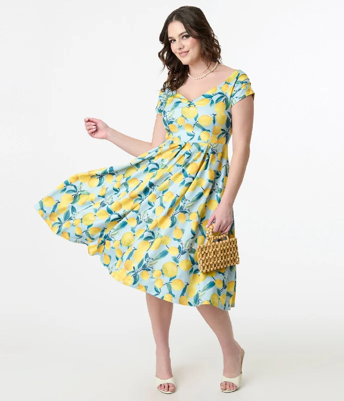 Everyday Corduroy Dress in Autumn Colors​ Dolly & Dotty 1950s Blue & Yellow Lemon Off The Shoulder Lily Swing Dress