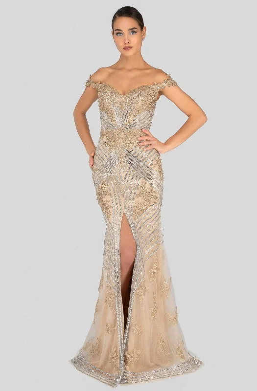 Sheath satin wedding dresses for a sleek appearance​ Midi wedding guest dresses in navy blue for a formal affair Terani Couture - 1912GL9572 Sparkling Off-Shoulder Mother of the Groom Gown
