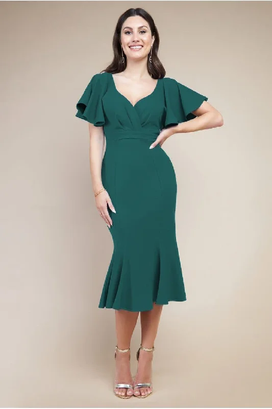 Midi dresses with off - the - shoulder necklines for a flirty look Goddiva Flared Sleeve Front Wrap Midi Dress - Emerald Green Midi dresses with off - the - shoulder necklines for a flirty look Goddiva Flared Sleeve Front Wrap Midi Dress - Emerald Green