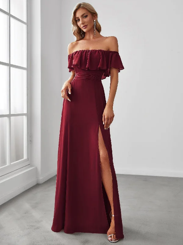 Sequined wedding dresses for a glamorous look​ Wedding guest dresses with button - down fronts and A - line silhouettes ever ÉMILE|Women's Off Shoulder Ruffle Thigh Slit Bridesmaid Dresses