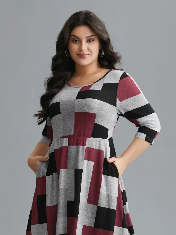  Geometric Print Asymmetrical Hem Midi Dress