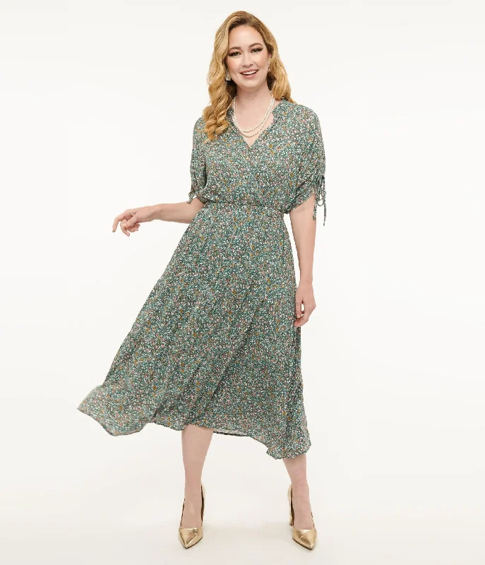 Everyday Shift Dress for Summer in Linen​ Teal Floral Midi Dress