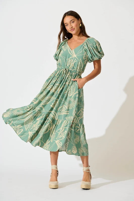 Everyday Dress with Belted Waist for Definition​ Marnae Midi Dress in Khaki Print
