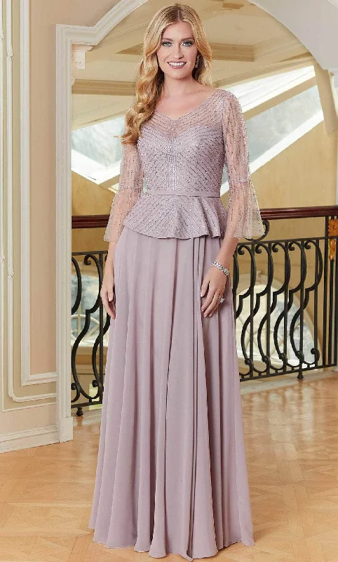 Appliqued wedding dresses with 3D floral designs​ Sheer wedding guest dresses with lace inserts and long sleeves MGNY By Mori Lee 72706 - Beaded Illusion V-Neck Evening Gown