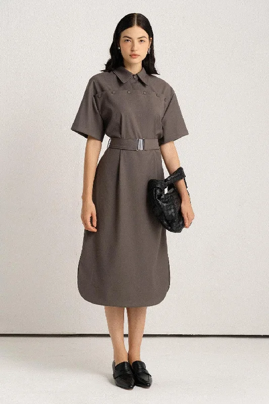 Midi dresses with V - necklines for a flattering and elongating effect Tomas A-line Collared Neck Polycotton Midi Dress